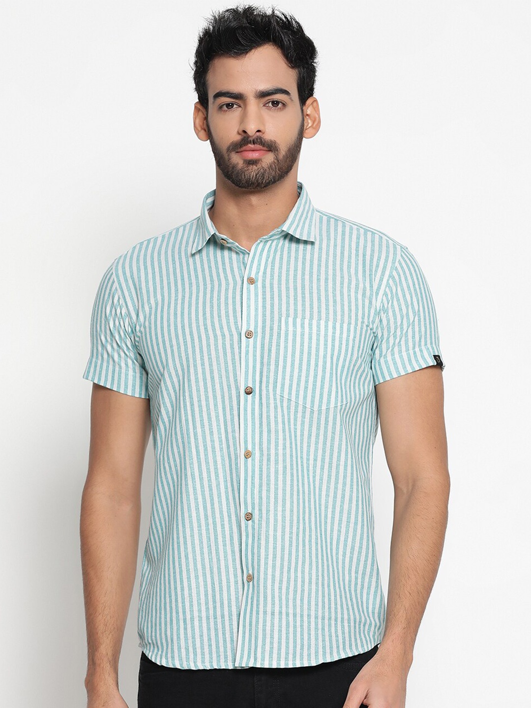 

JAVINISHKA Striped Cotton Linen Classic Slim Fit Opaque Casual Shirt, White