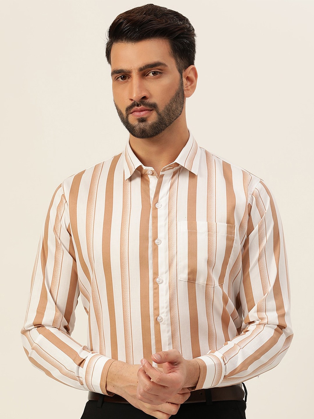 

JAVINISHKA Striped Cotton Classic Slim Fit Opaque Formal Shirt, Tan