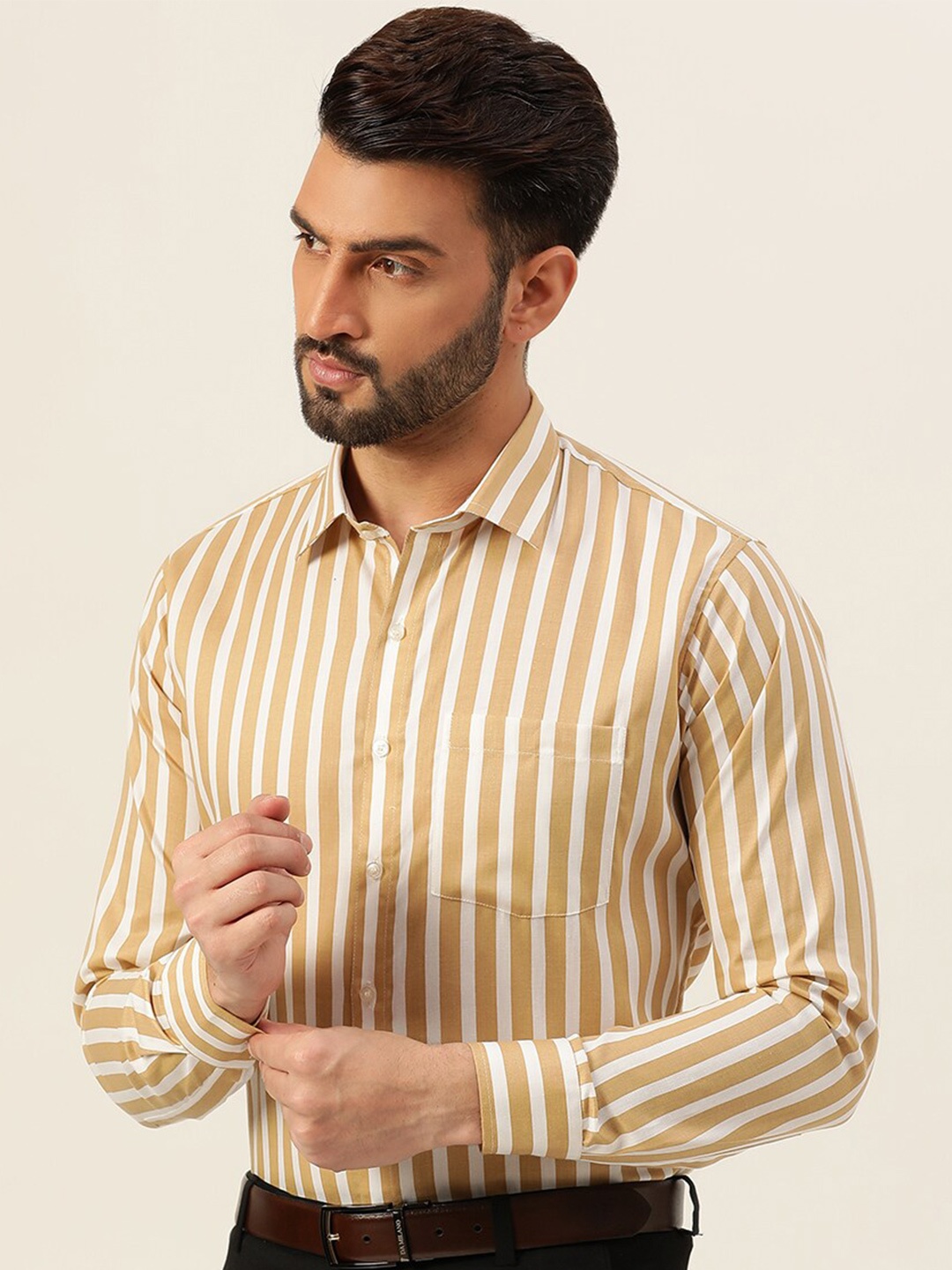 

JAVINISHKA Classic Slim Fit Vertical Striped Cotton Formal Shirt, Tan