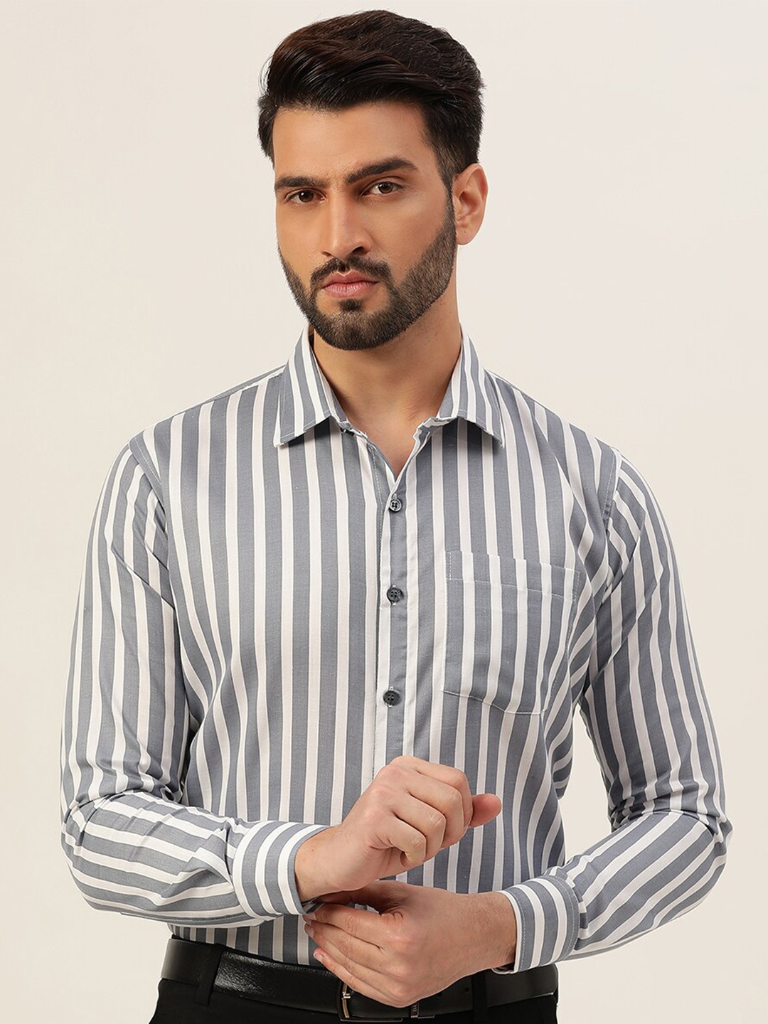 

JAVINISHKA Classic Slim Fit Vertical Striped Cotton Formal Shirt, Grey