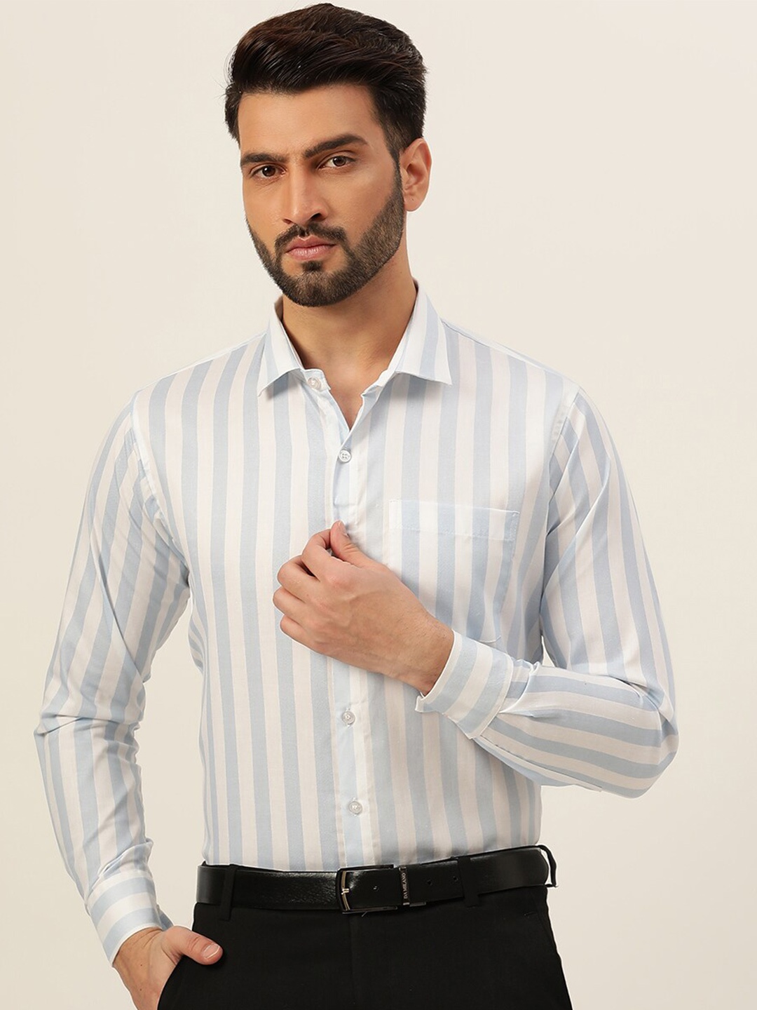 

JAVINISHKA Classic Slim Fit Striped Pure Cotton Formal Shirt, Blue