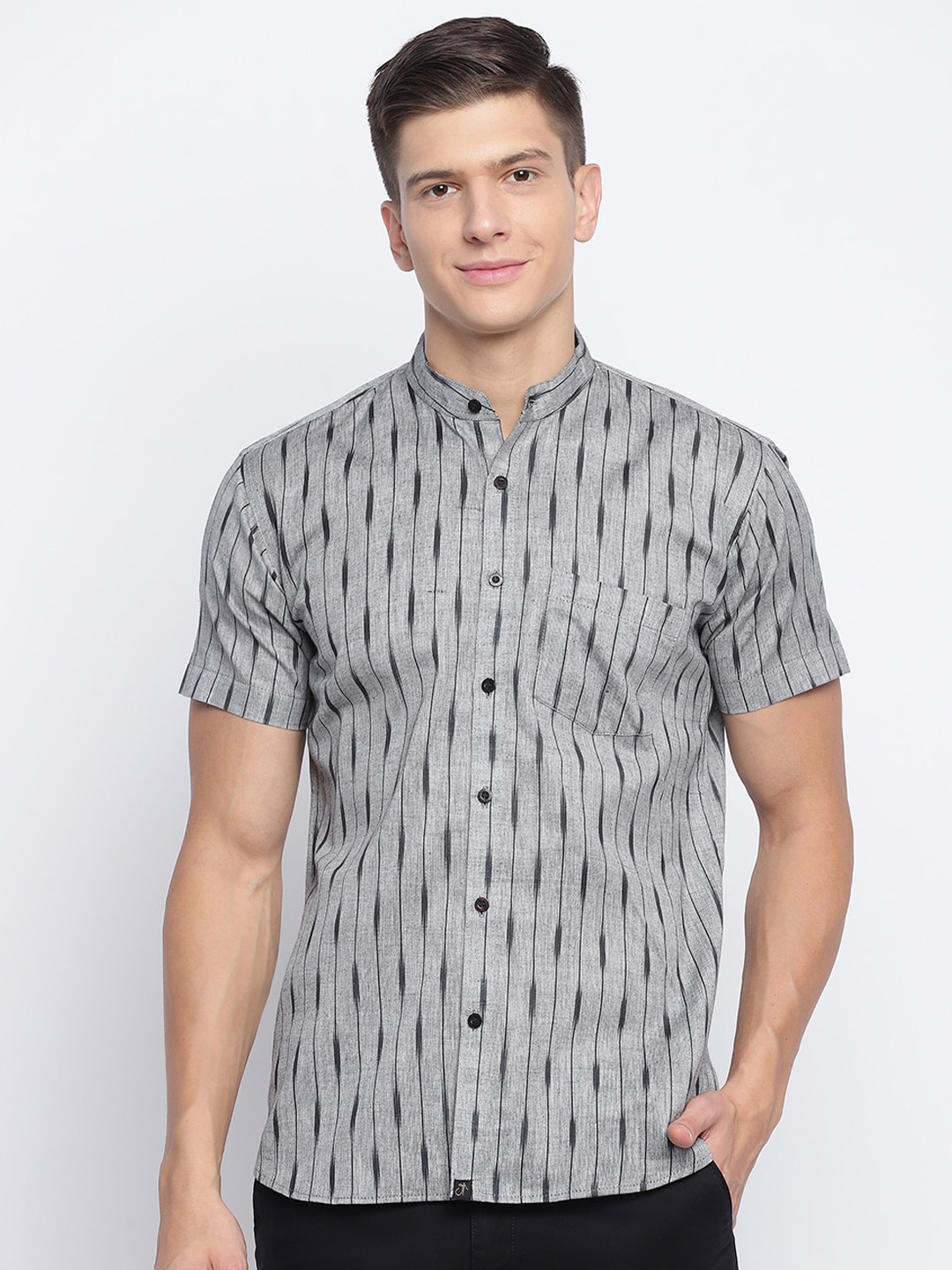 

JAVINISHKA Striped Cotton Mandarin Collar Classic Slim Fit Opaque Casual Shirt, Grey
