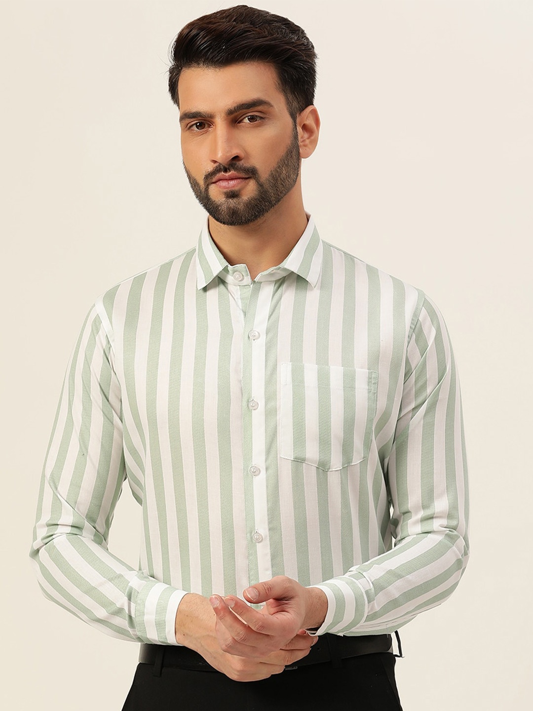 

JAVINISHKA Striped Cotton Classic Slim Fit Opaque Formal Shirt, Green