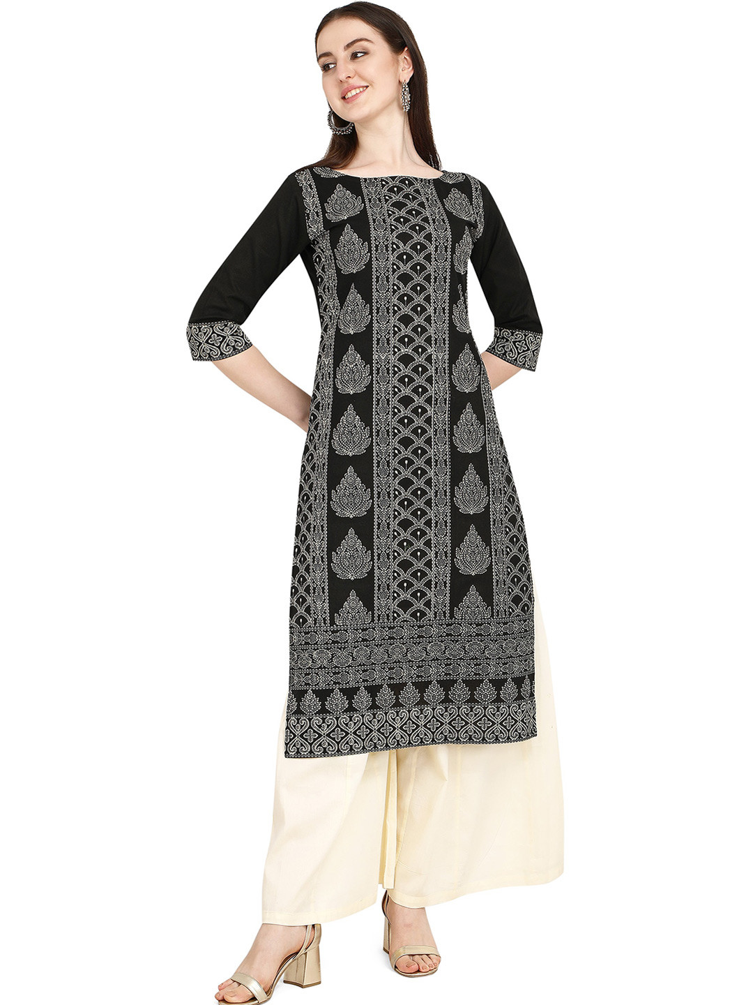 

RGHT Ethnic Motifs Boat Neck Printed Straight Kurta, Black