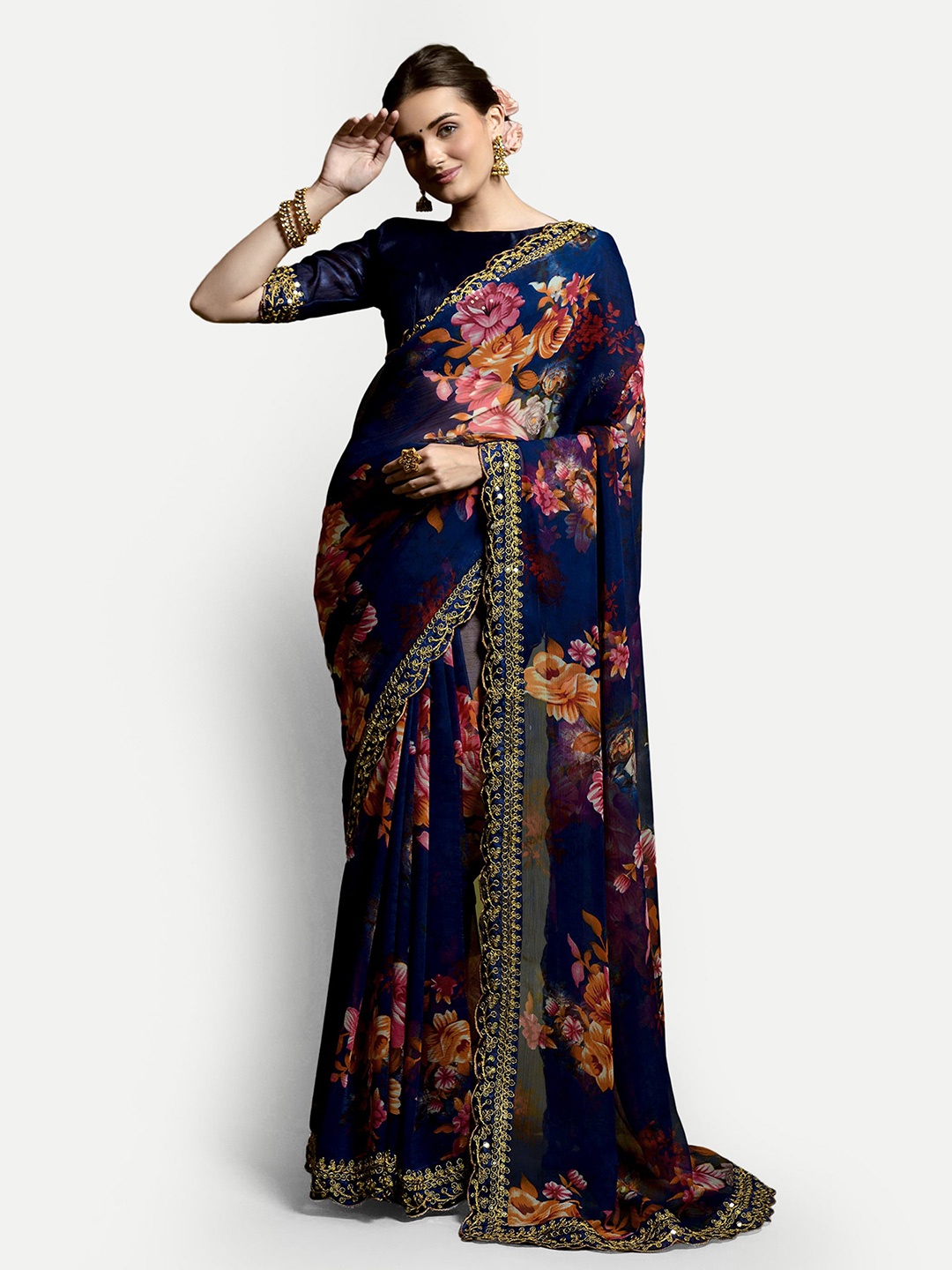 DWIZA ENTERPRISE Floral Embroidered Pure Georgette Saree, Blue