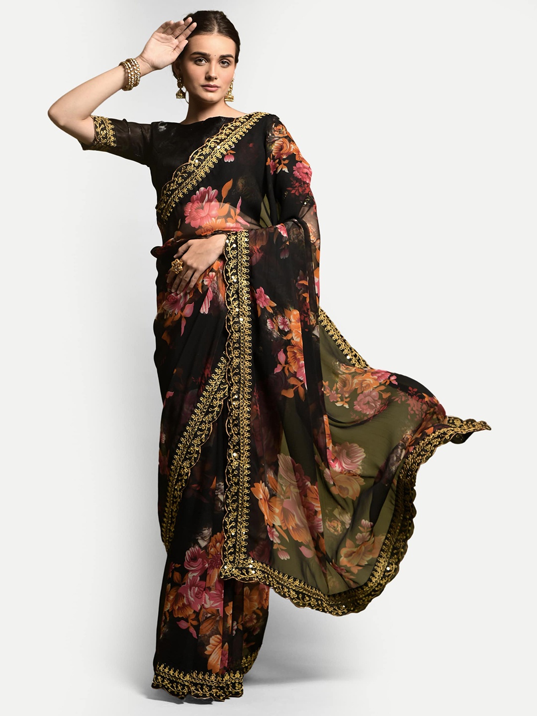 

DWIZA ENTERPRISE Floral Embroidered Pure Georgette Saree, Black