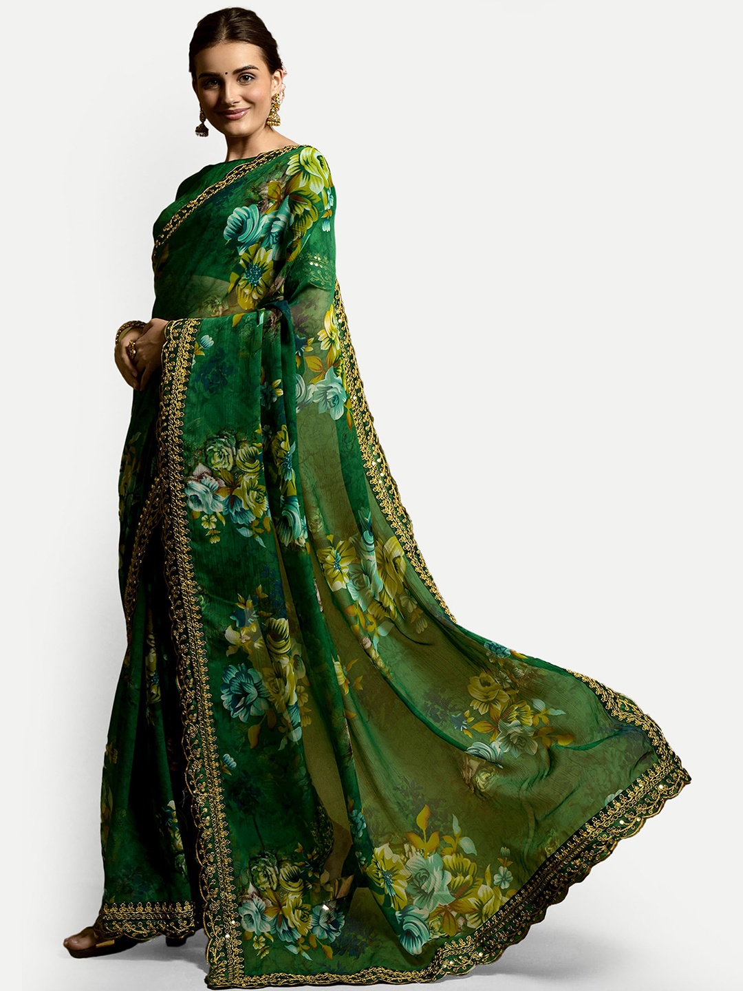 

DWIZA ENTERPRISE Floral Embroidered Pure Georgette Saree, Green