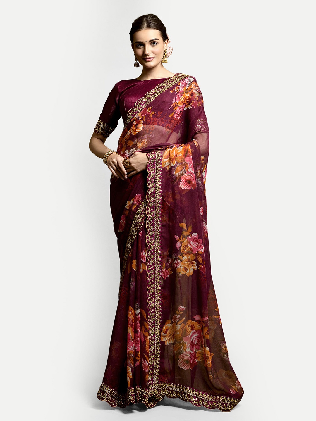 

DWIZA ENTERPRISE Floral Embroidered Pure Georgette Saree, Maroon
