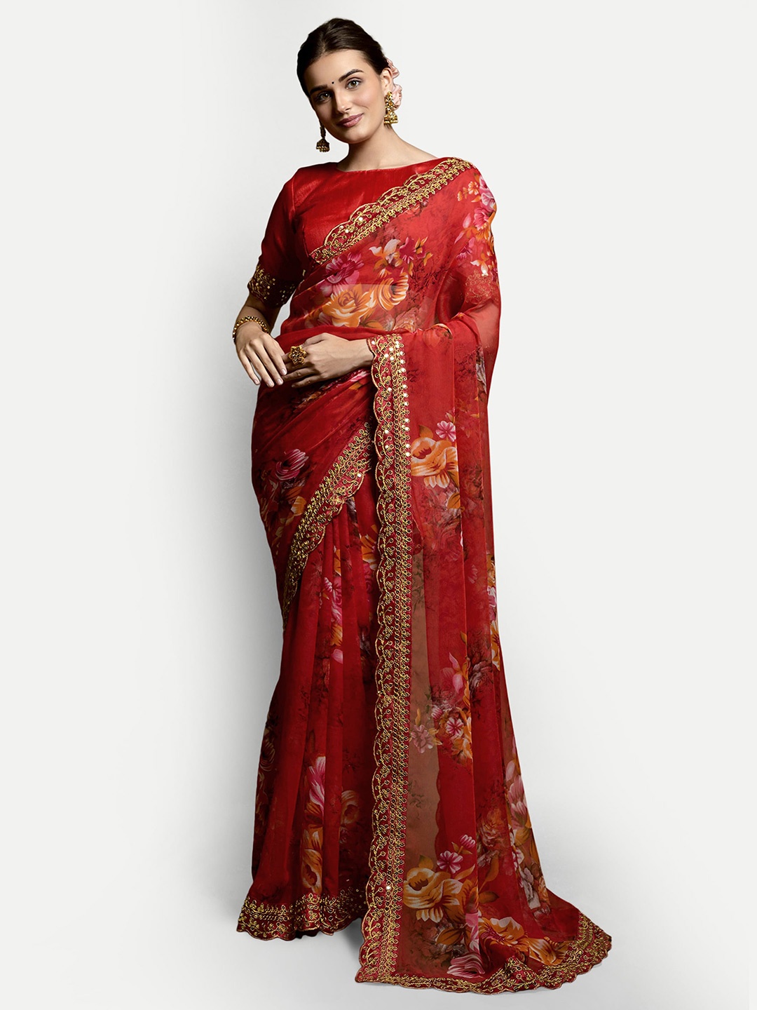 DWIZA ENTERPRISE Floral Printed Embroidered Pure Georgette Saree, Red