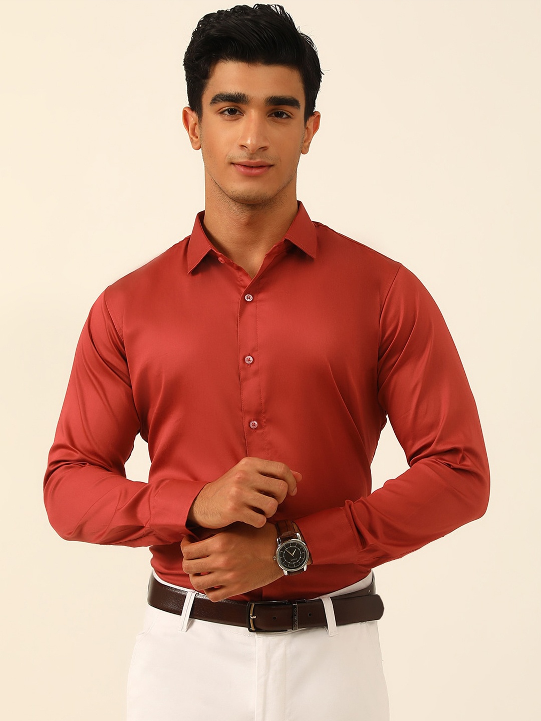 

JAVINISHKA Classic Tailored Fit Opaque Formal Shirt, Red