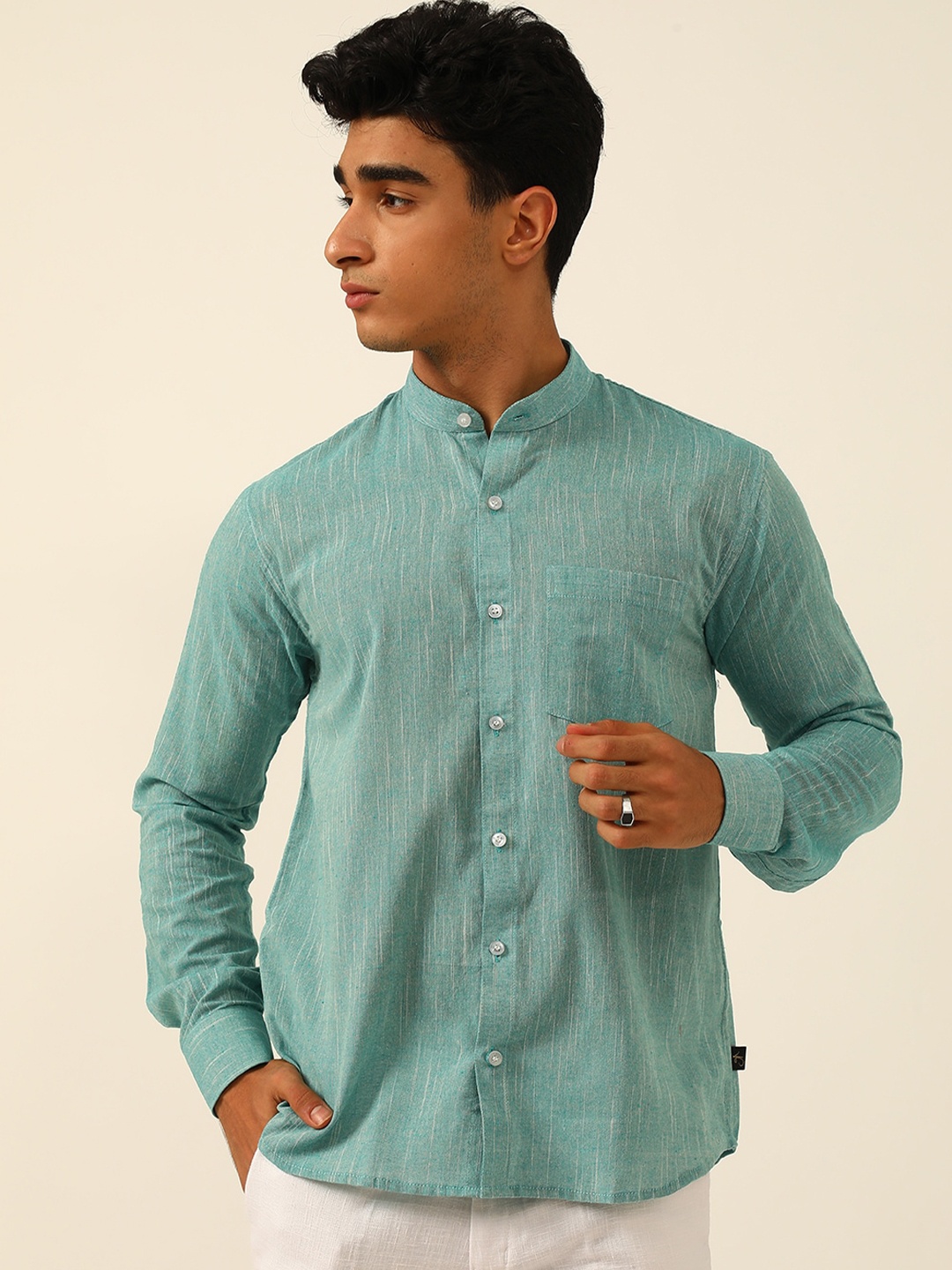 

JAVINISHKA Classic Mandarin Collar Cotton Linen Casual Shirt, Teal