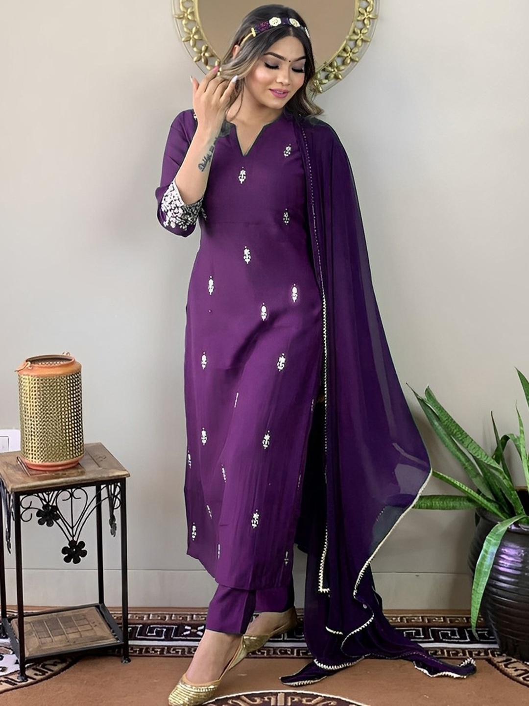 

KALINI Floral Embroidered Thread Work Kurta & Trousers With Dupatta, Purple