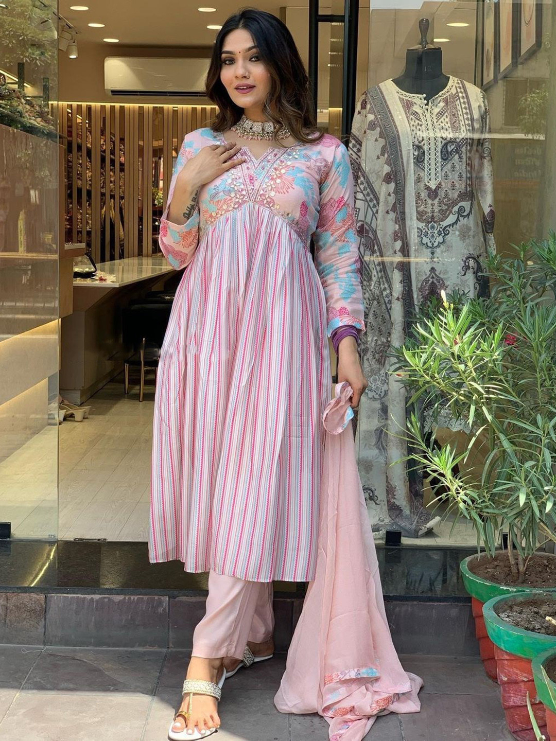 

KALINI Floral Printed Pleated Mirror Work Kurta & Trousers With Dupatta, Pink