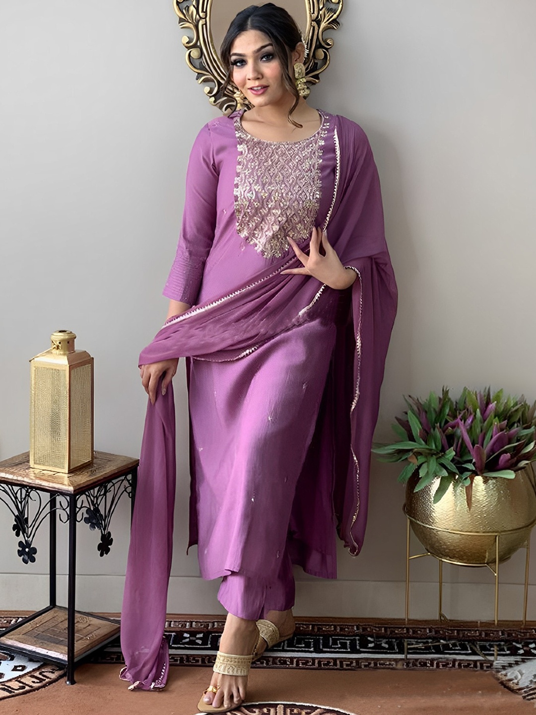 

KALINI Ethnic Motifs Yoke Design Sequinned Kurta & Trousers With Dupatta, Purple
