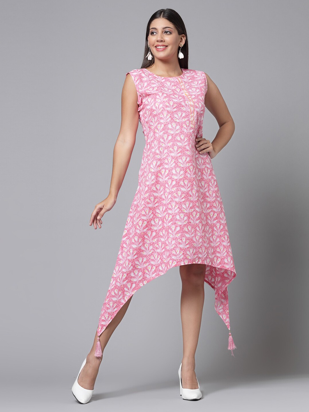 

KALINI Floral Printed Cotton A-Line Midi Dress, Pink
