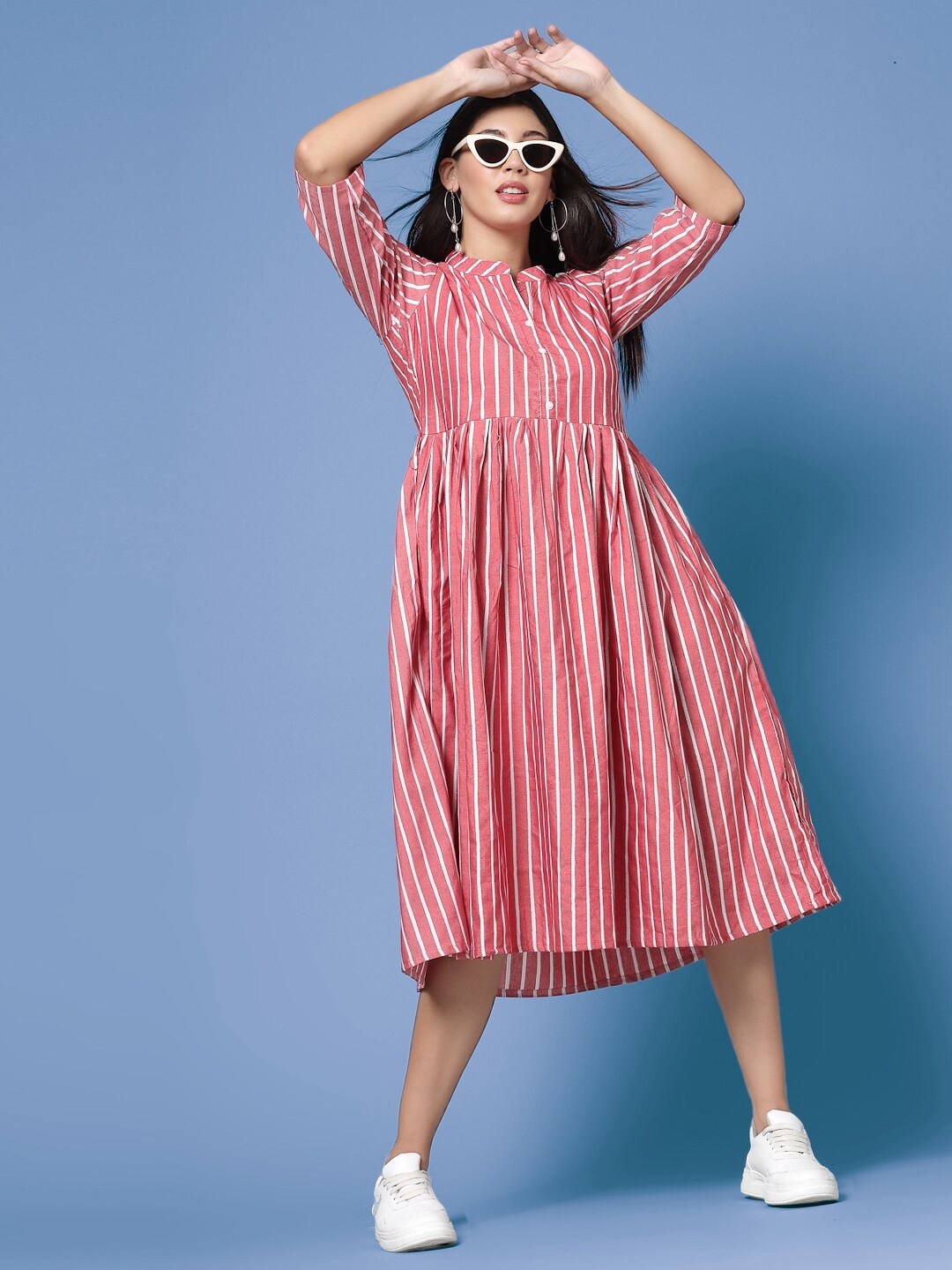 

KALINI Striped Gathered Cotton Fit & Flare Midi Dress, Pink