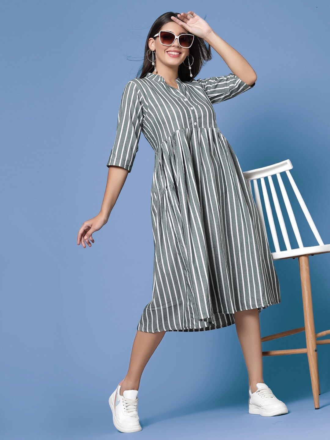 

KALINI Striped Gathered Cotton Fit & Flare Midi Dress, Grey