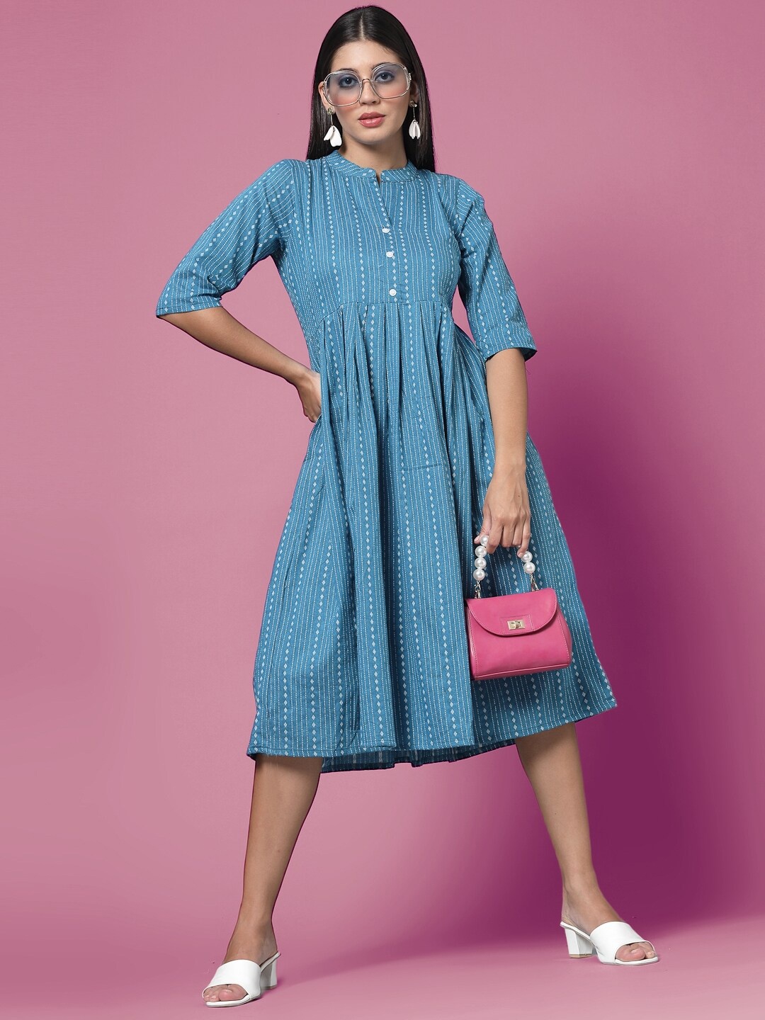 

KALINI Striped Gathered Cotton Fit & Flare Dress, Blue