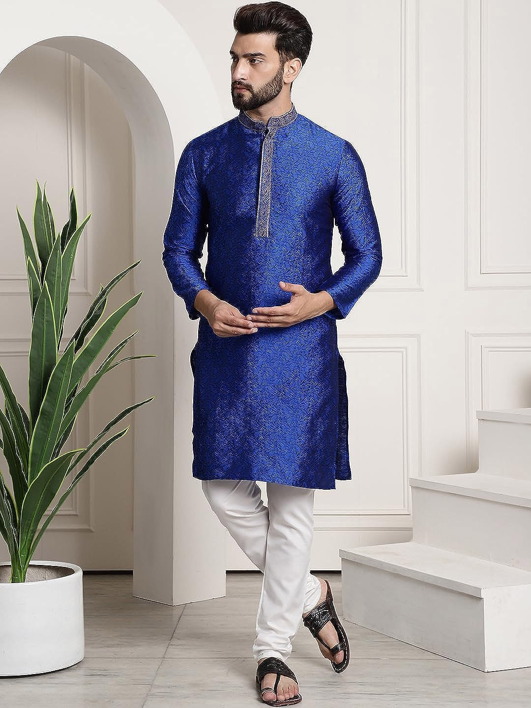 

ROYAL KURTA Ethnic Motifs Woven Design Pure Cotton Kurta With Churidar, Blue