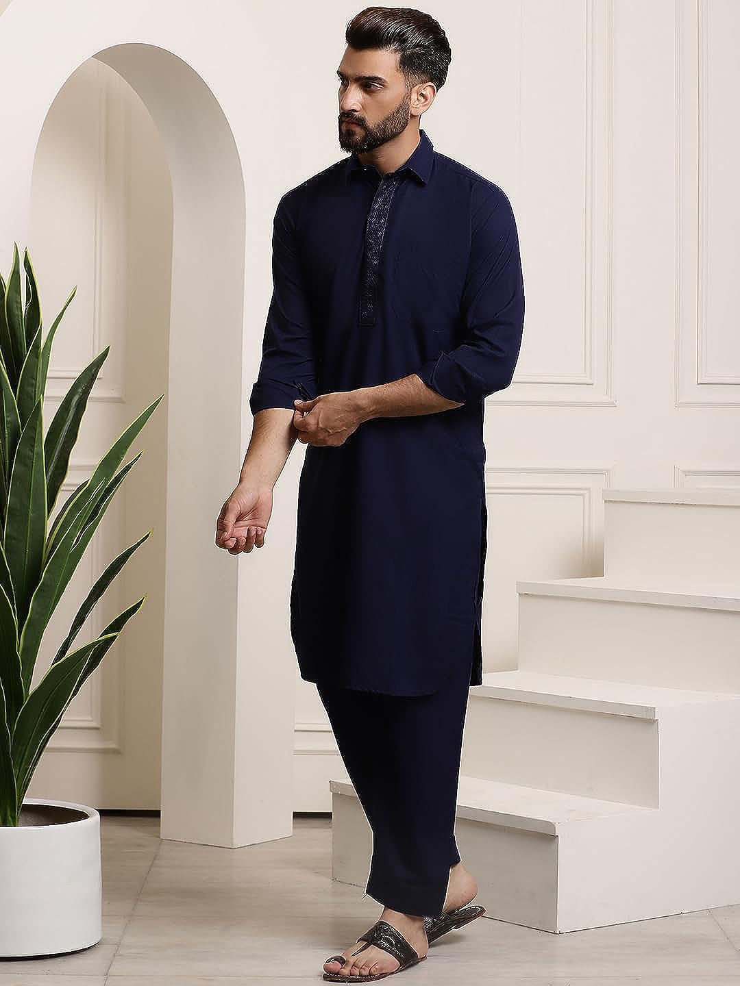 

ROYAL KURTA Shirt Collar Thread Work Pathani Kurta with Salwar, Navy blue
