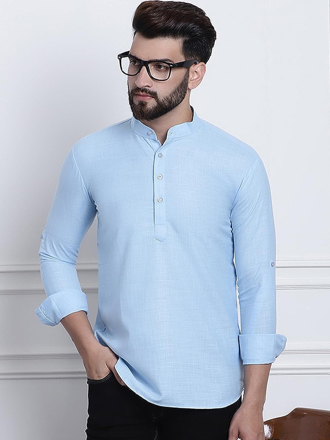 

ROYAL KURTA Mandarin Collar Cotton Short Kurta, Blue