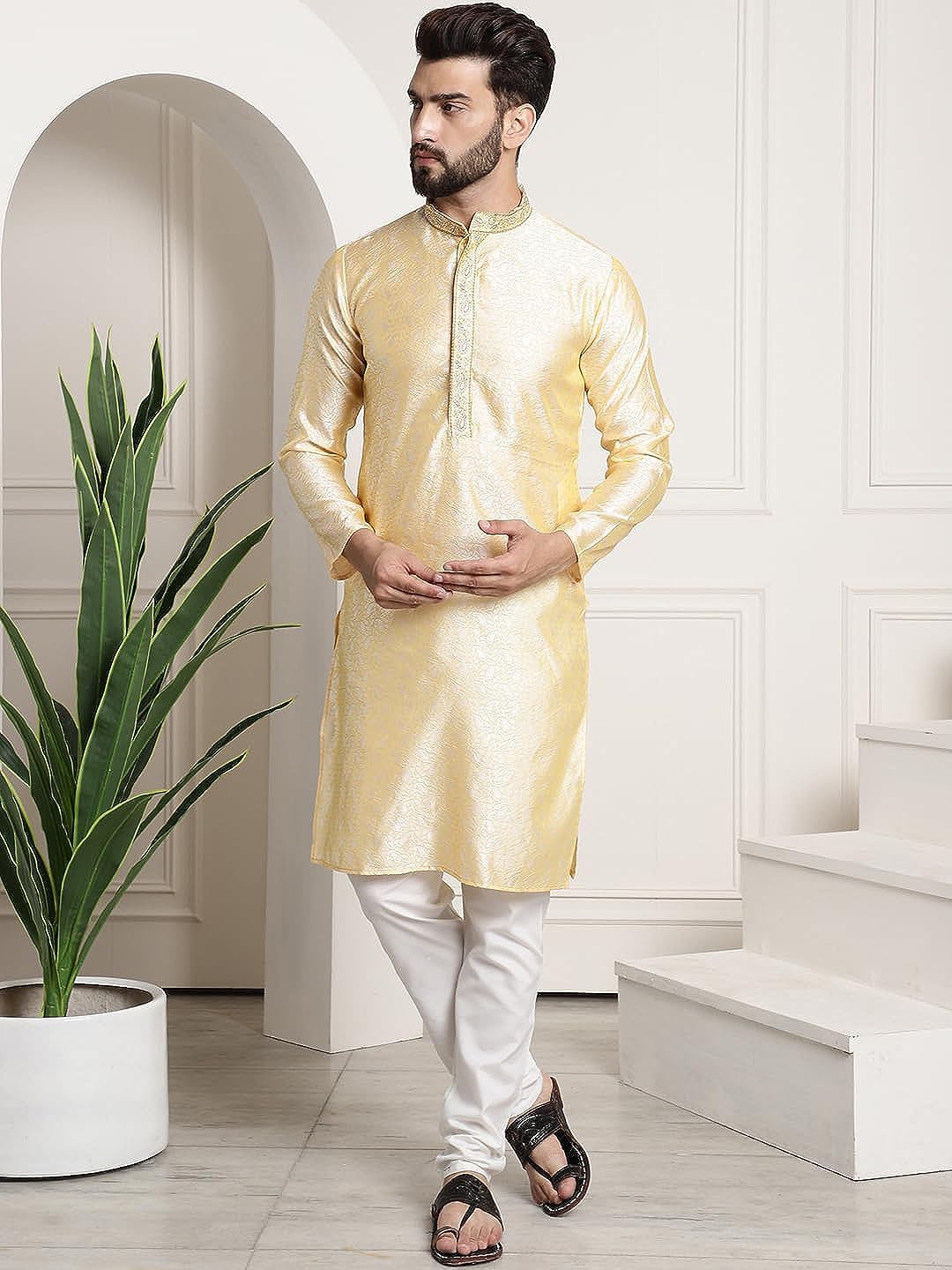 

ROYAL KURTA Woven Design Thread Work Pure Cotton Kurta with Churidar, Gold