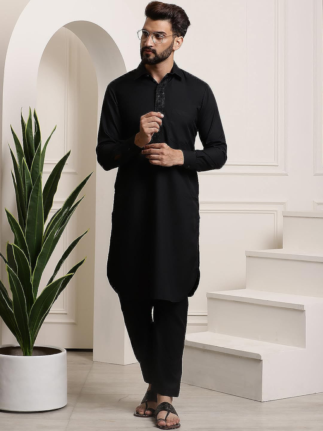 

ROYAL KURTA Shirt Collar Kurta With Pyjama, Black