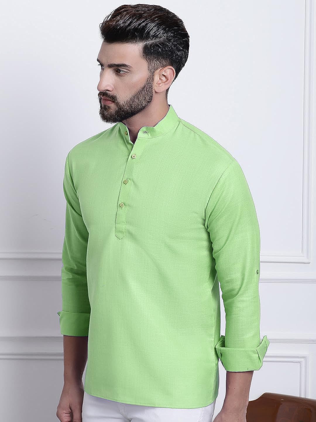 

ROYAL KURTA Mandarin Collar Cotton Short Kurta, Green
