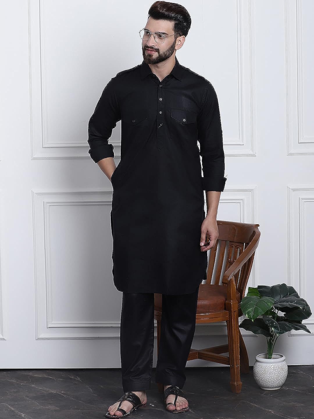 

ROYAL KURTA Shirt Collar Pure Cotton Pathani Kurta With Salwar, Black