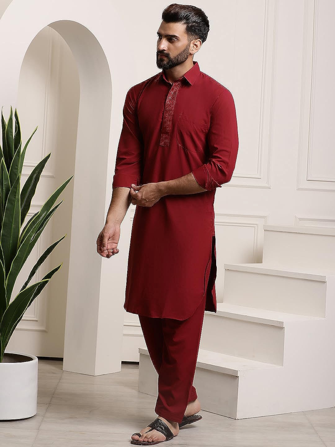 

ROYAL KURTA Shirt Collar Pathani Kurta with Salwar, Maroon