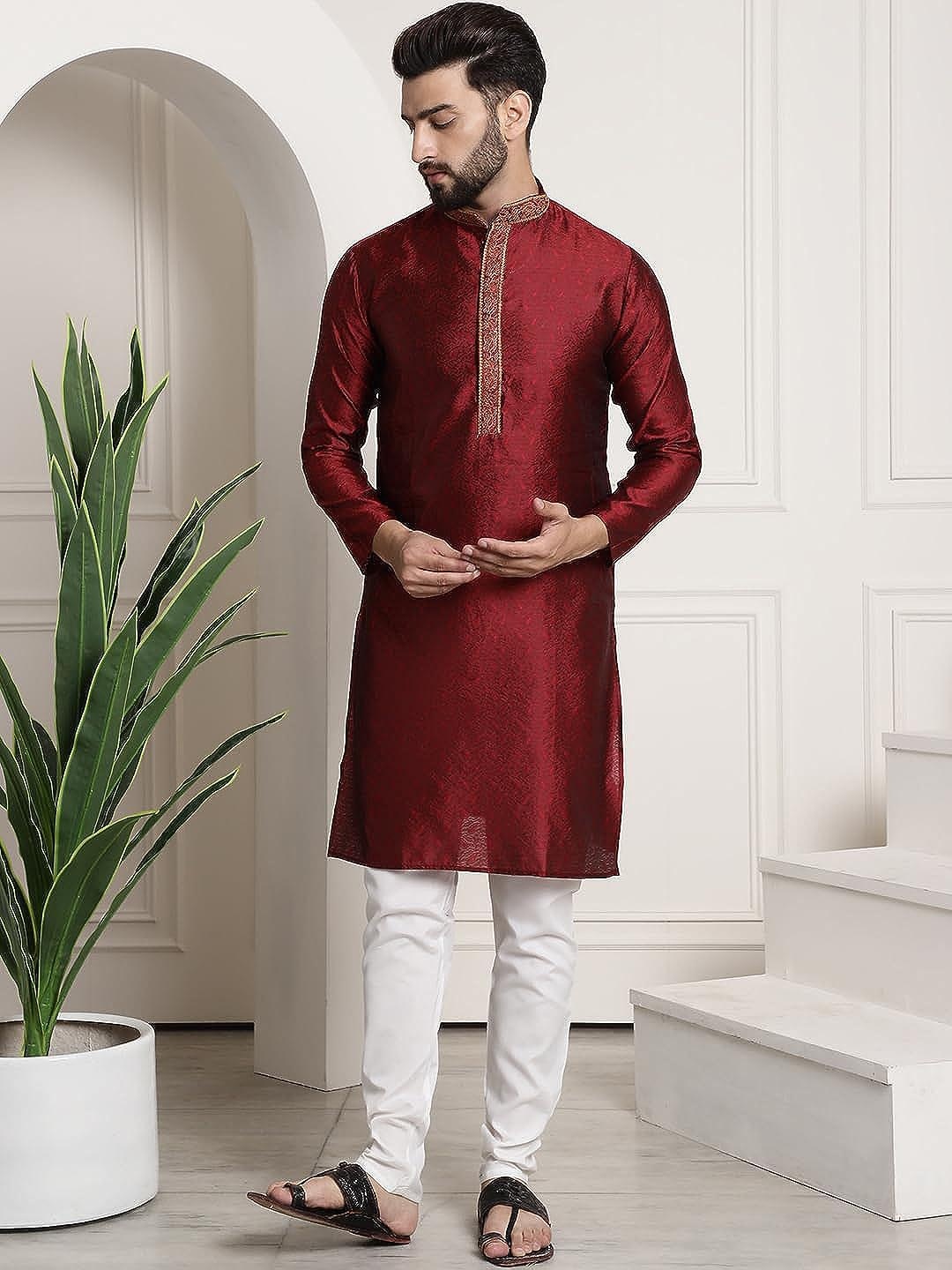 

ROYAL KURTA Ethnic Motifs Woven Design Pure Cotton Kurta With Churidar, Maroon