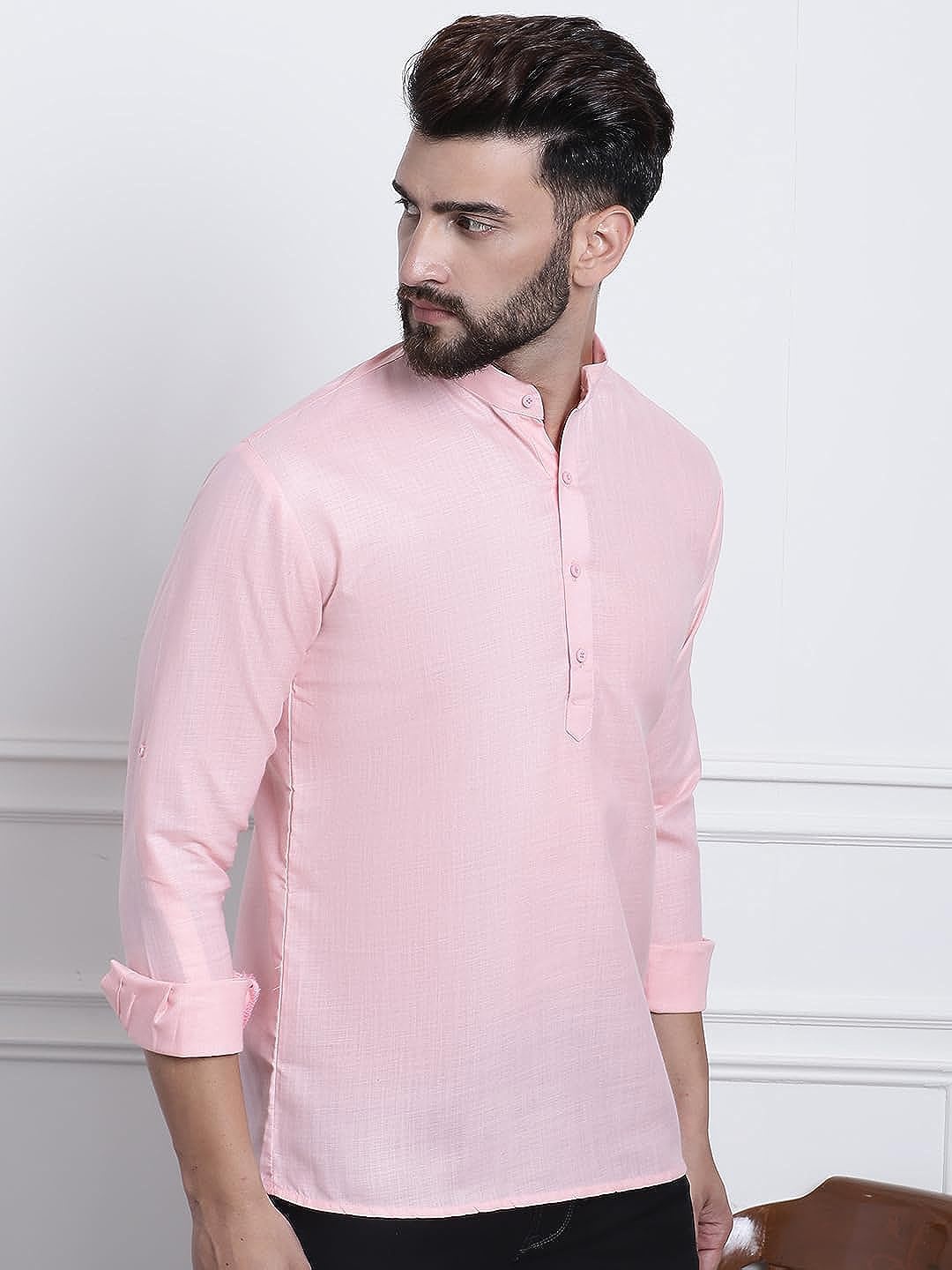 

ROYAL KURTA Band Collar Cotton Straight Kurta, Pink
