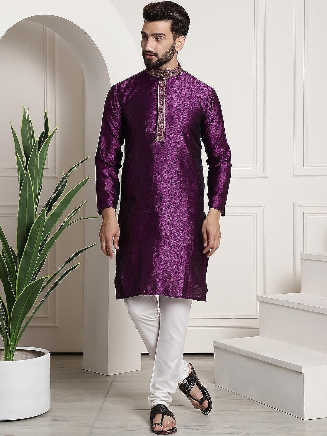 

ROYAL KURTA Ethnic Motifs Woven Design Pure Cotton Kurta With Churidar, Purple