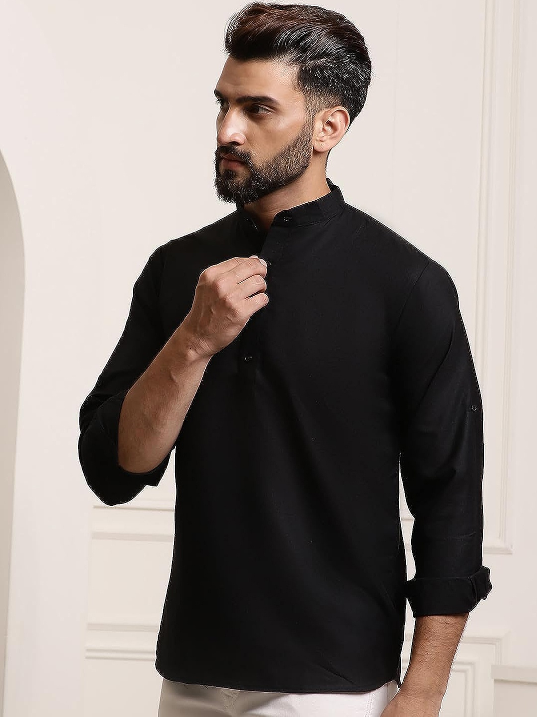 

ROYAL KURTA Mandarin Collar Cotton Short Kurta, Black