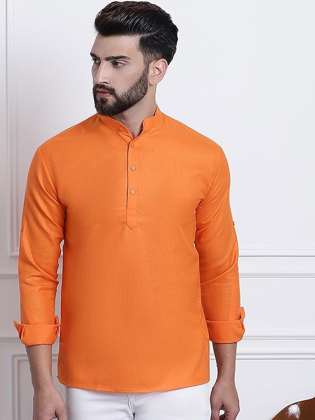 

ROYAL KURTA Mandarin Collar Cotton Short Kurta, Mustard