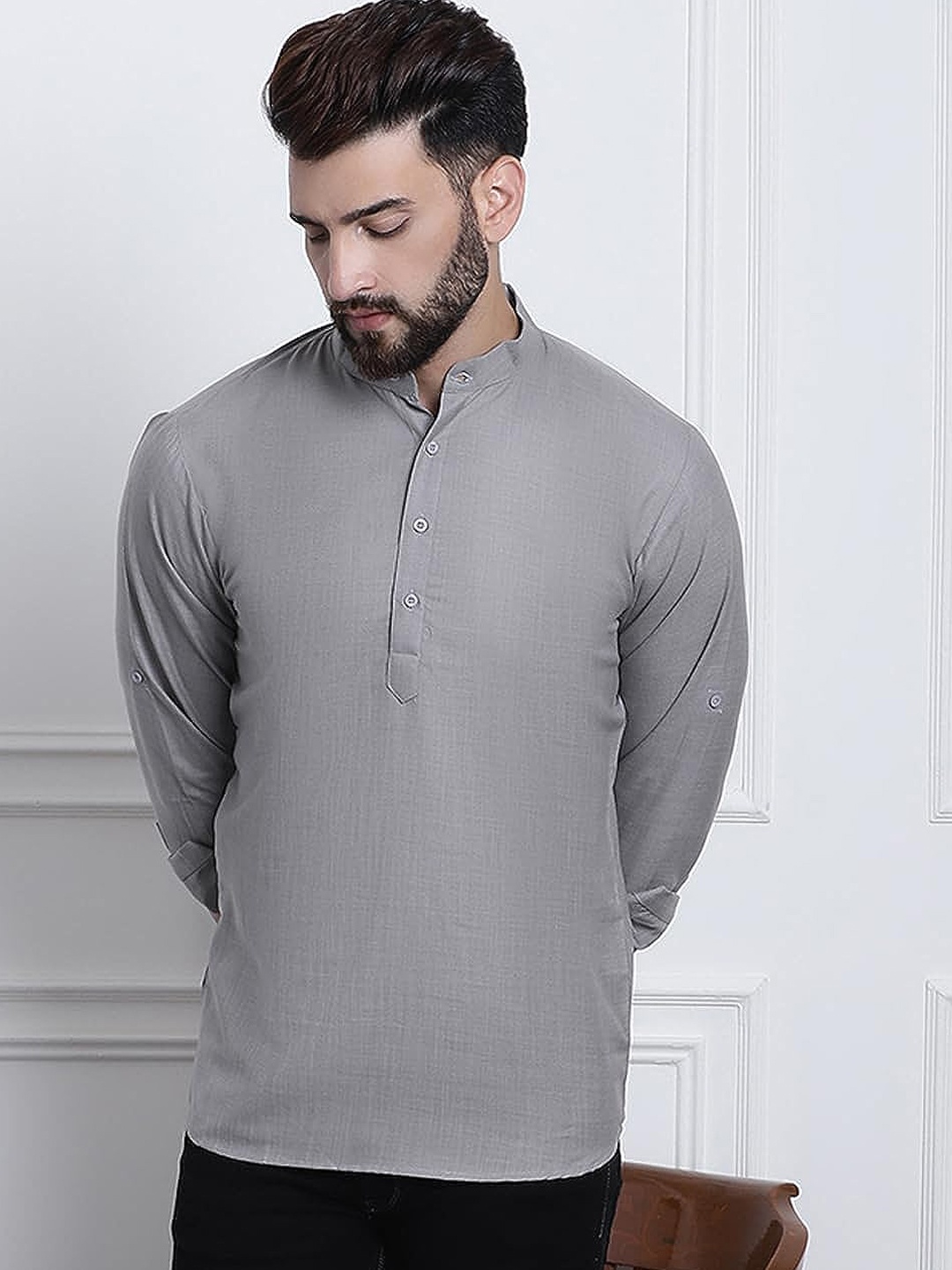 

ROYAL KURTA Band Collar Cotton Straight Kurta, Grey