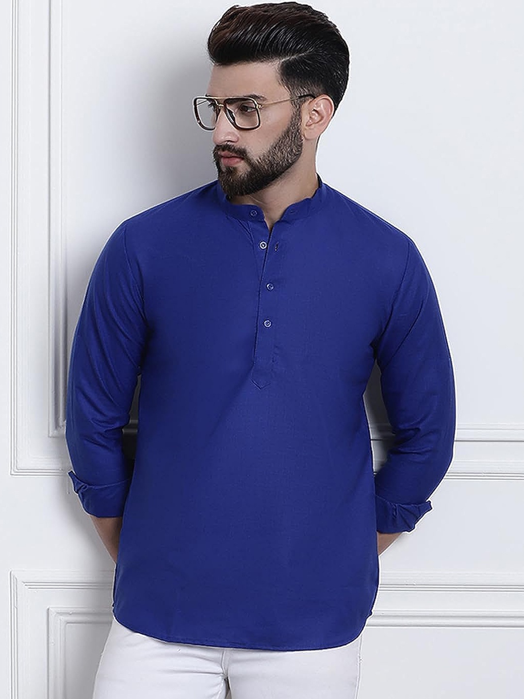 

ROYAL KURTA Mandarin Collar Cotton Short Kurta, Blue