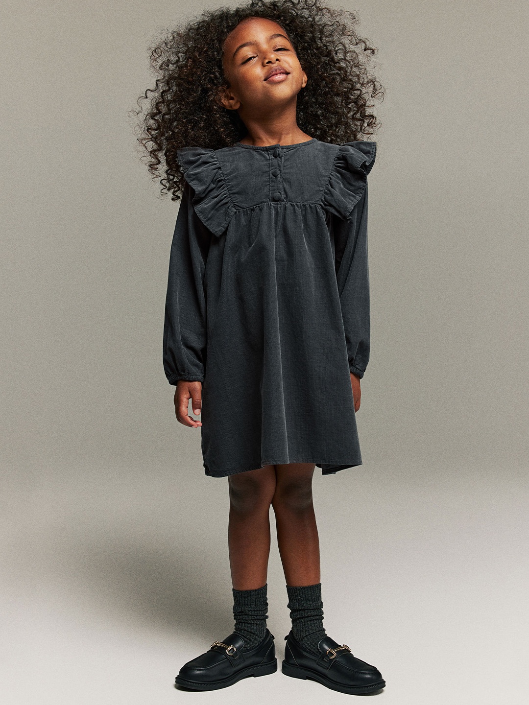 

H&M Girls Pure Cotton Frill-Trimmed Corduroy Dress, Grey