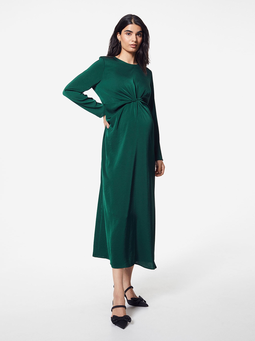 

H&M MAMA Knot-Detail Satin Dress, Green