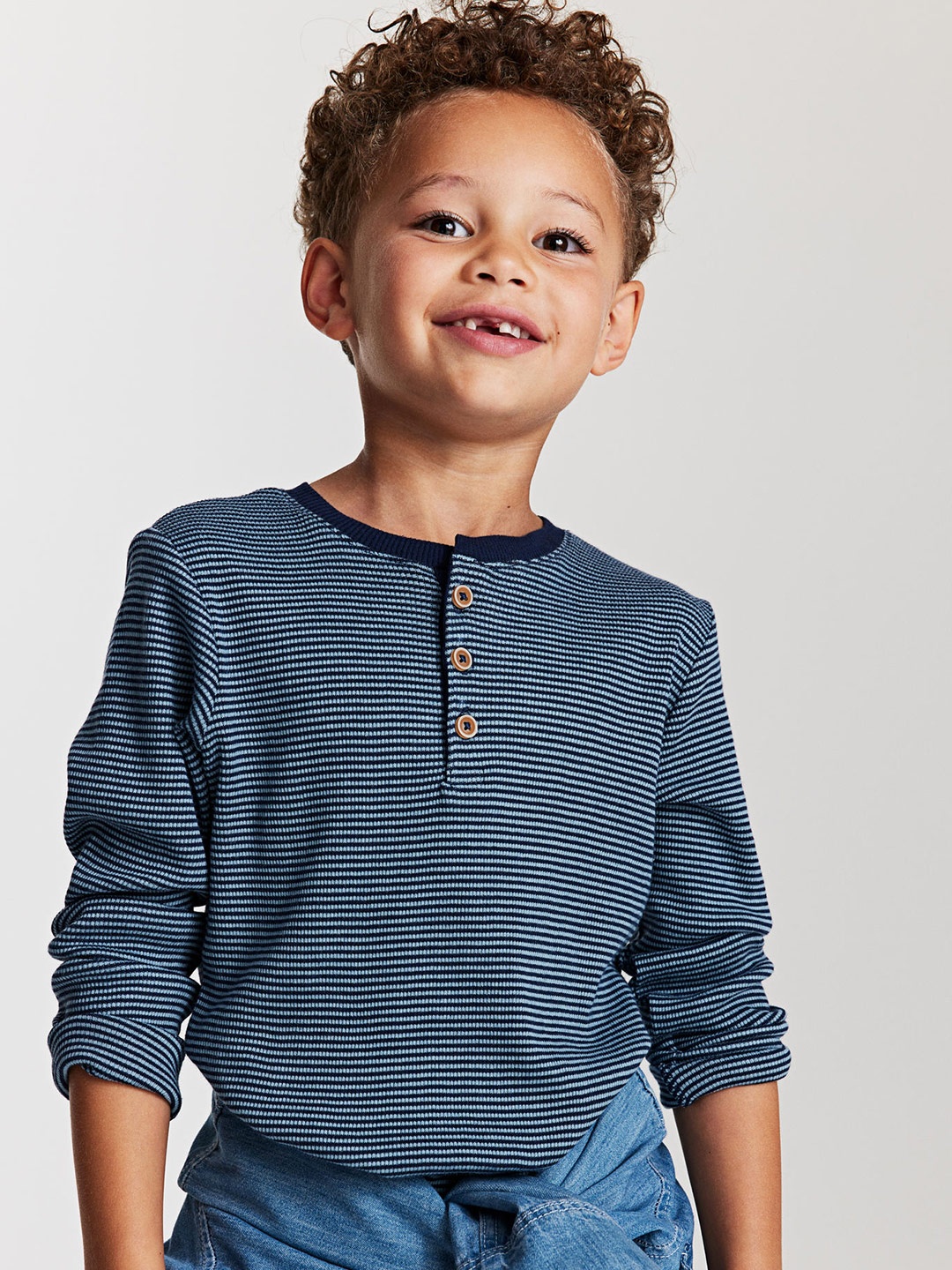 

H&M Boys 2-Pack Ribbed Henley Cotton Tops, Beige
