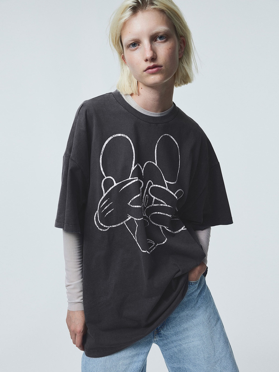 

H&M Cotton Oversized Print-Motif T-Shirt, Grey