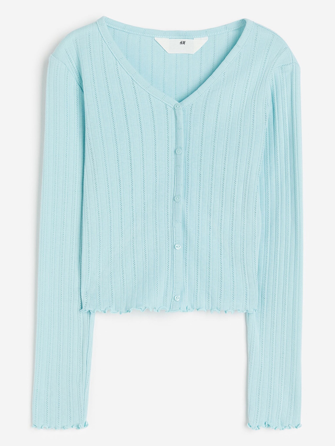 

H&M Girls Pure Cotton Long-Sleeved Pointelle Jersey Top, Turquoise blue
