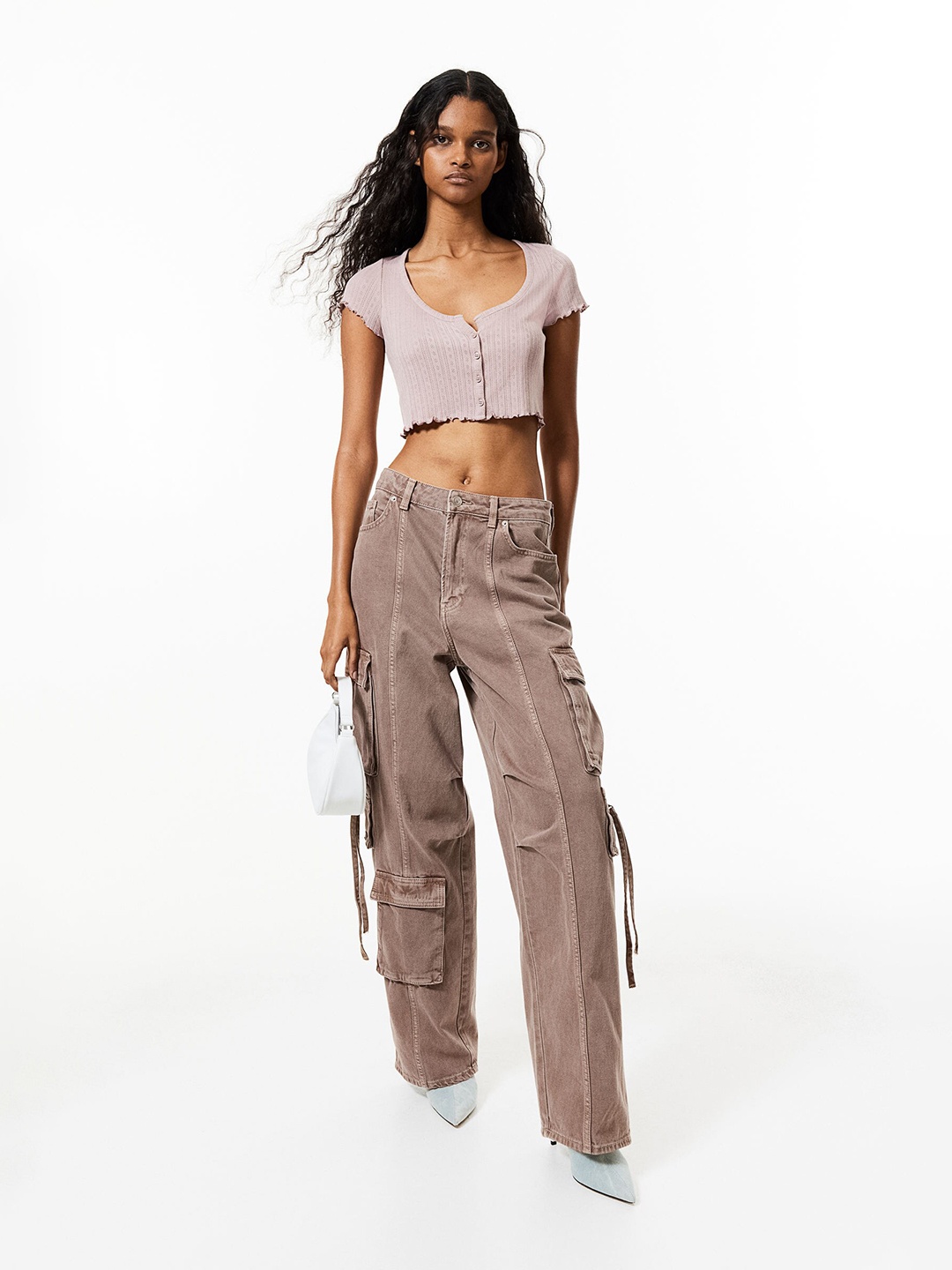 

H&M Button-Front Pointelle Jersey Top, Pink
