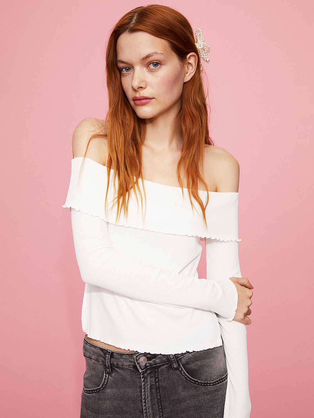 

H&M Ribbed Off-The-Shoulder Top, White