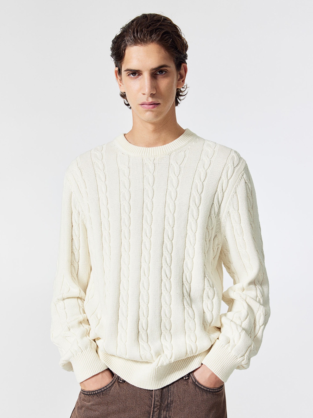 

H&M Pure Cotton Regular Fit Cable-Knit Jumper, White
