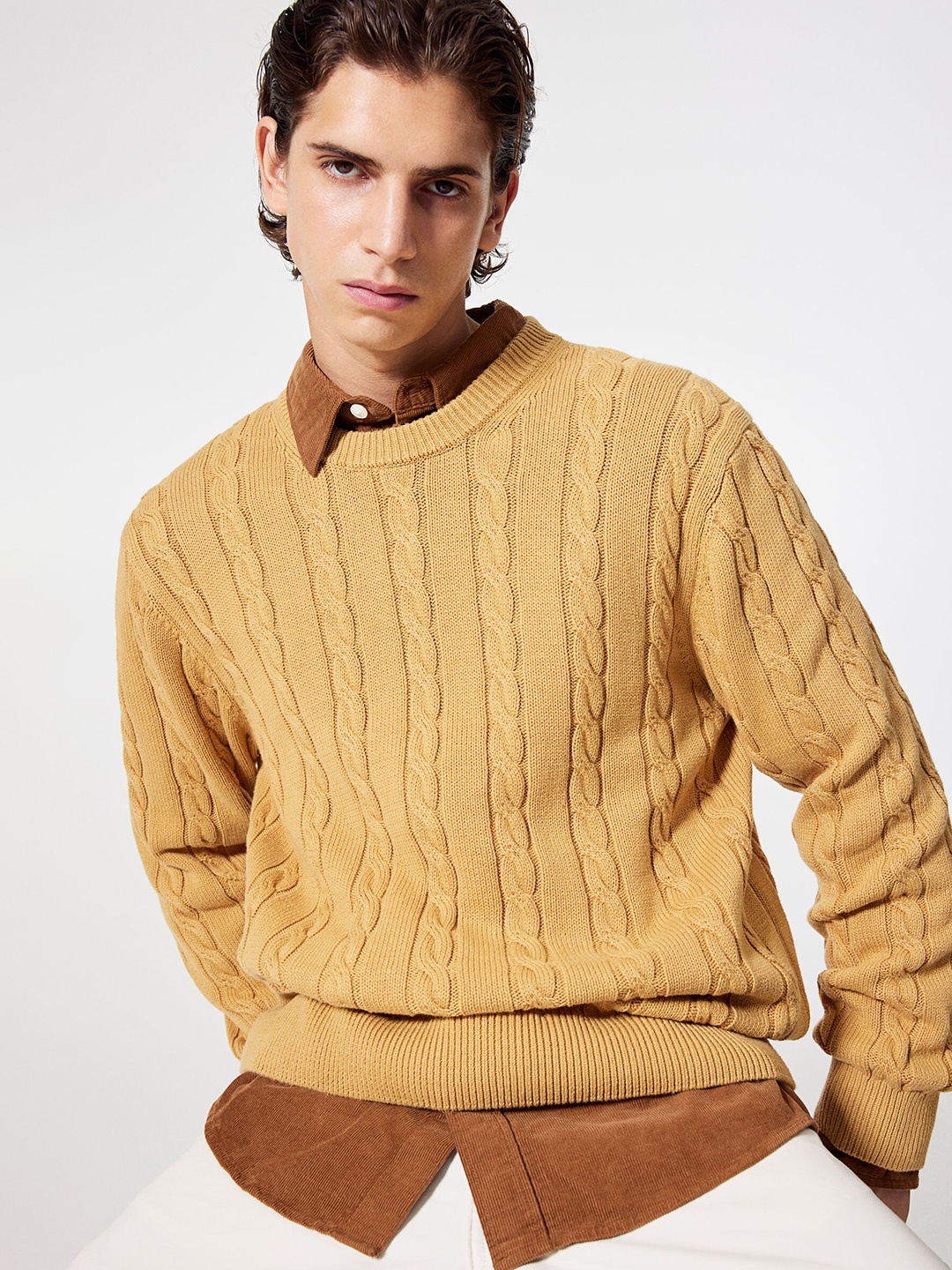 

H&M Pure Cotton Regular Fit Cable-Knit Jumper, Yellow
