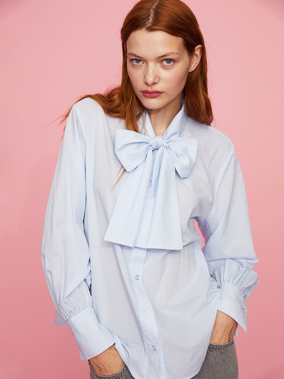 

H&M Pure Cotton Bow-Collared Blouse, Blue