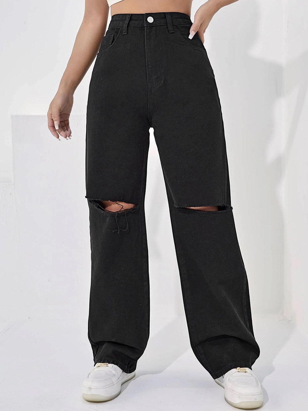 

Kotty Women Black Jean Straight Fit High-Rise Slash Knee Stretchable Jeans