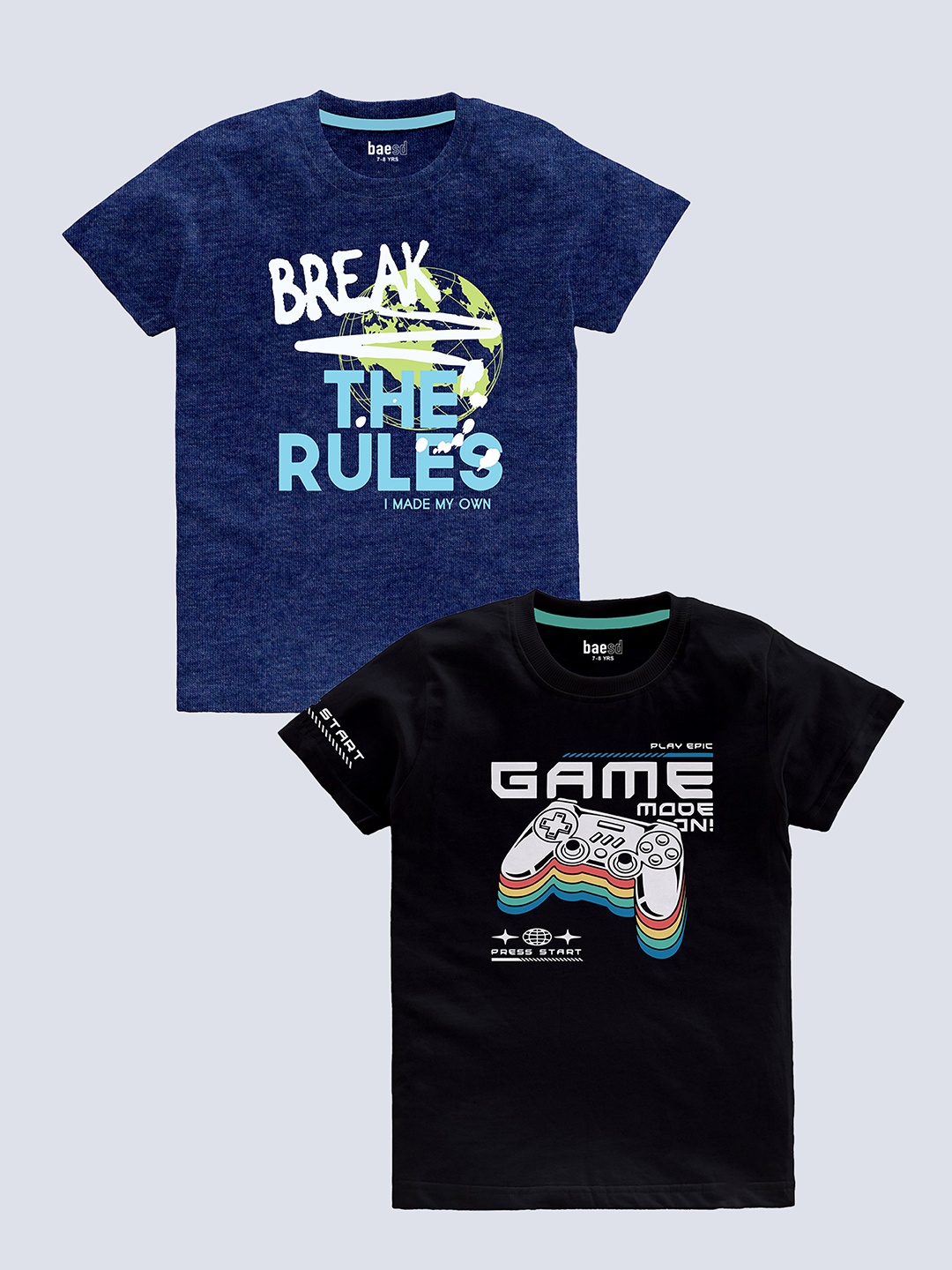 

BAESD Boys Pack Of 2 Typography Printed Pure Cotton T-shirt, Blue