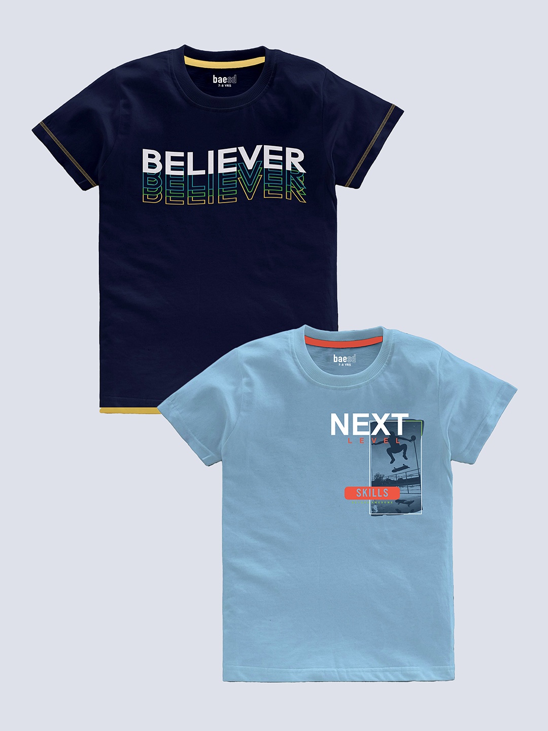 

BAESD Boys Pack Of 2 Typography Printed Pure Cotton T-shirt, Navy blue